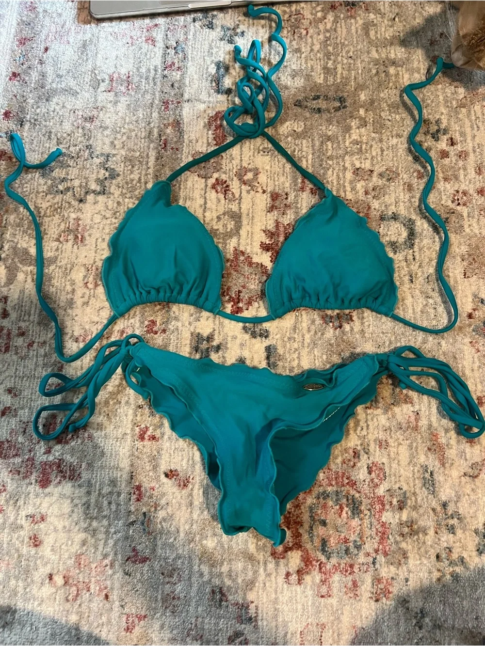 Luli Fama Teal Scalloped Triangle String Bikini